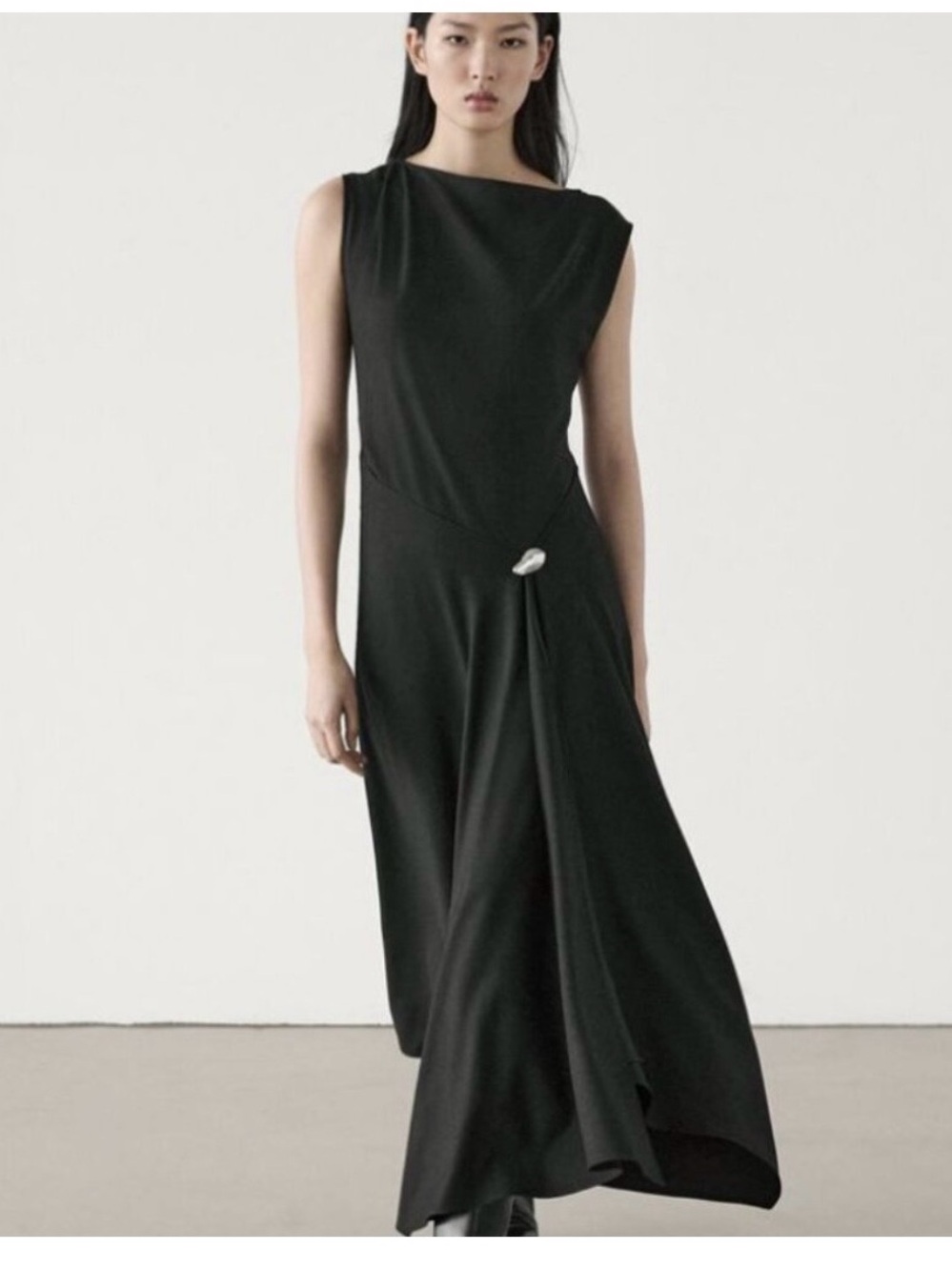 Massimo Dutti Black Sleeveless Draped Maxi Dress, size M